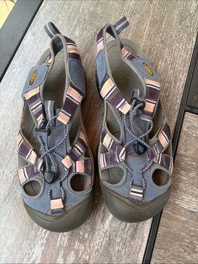 KEEN Women's Light Blue Sandals with Pink and Purple Striped Straps